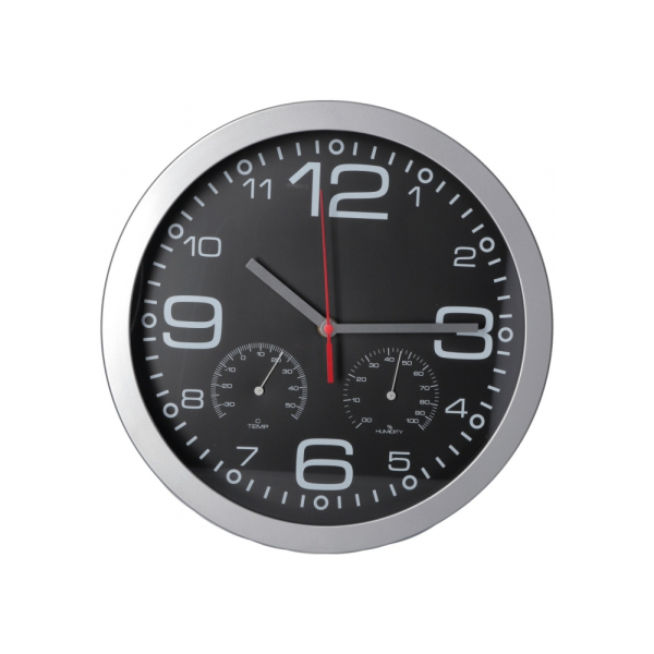 Годинник настінний пластиковий Optima CHRONO з термометром та гігрометром, чорний под Нанесение логотипа